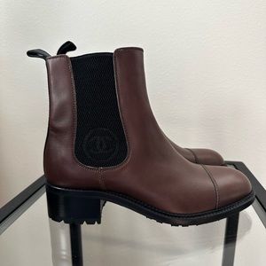 CHANEL brown leather lug sole boots